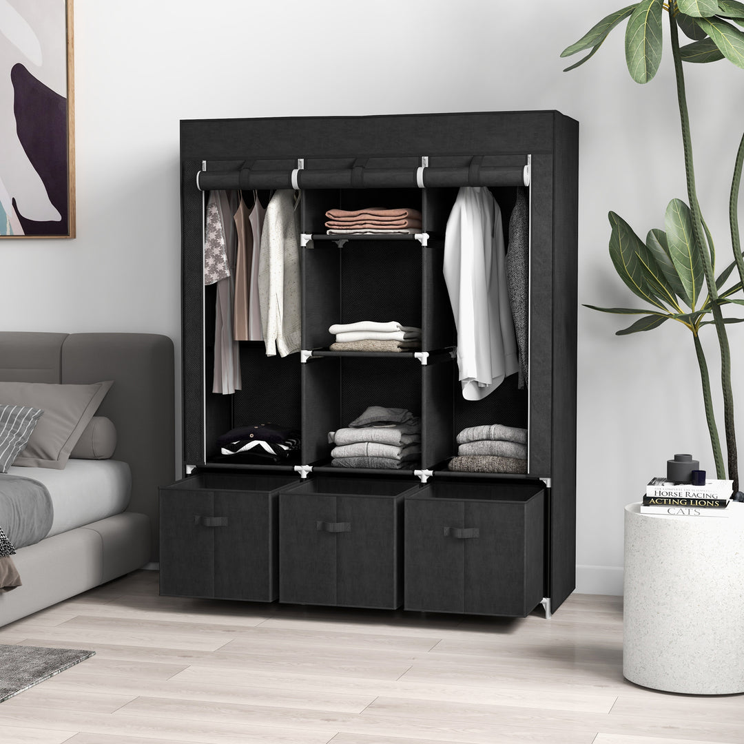 Stofgarderobe lavet af non-woven materiale, sammenklappelig garderobe, inklusive 3 skuffer, 125 cm x 43 cm x 162,5 cm, sort