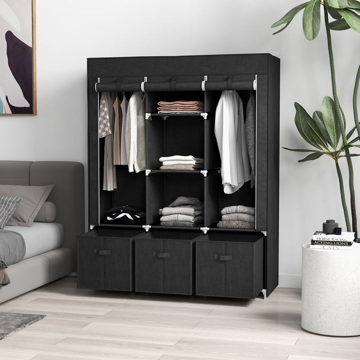 Stofgarderobe lavet af non-woven materiale, sammenklappelig garderobe, inklusive 3 skuffer, 125 cm x 43 cm x 162,5 cm, sort
