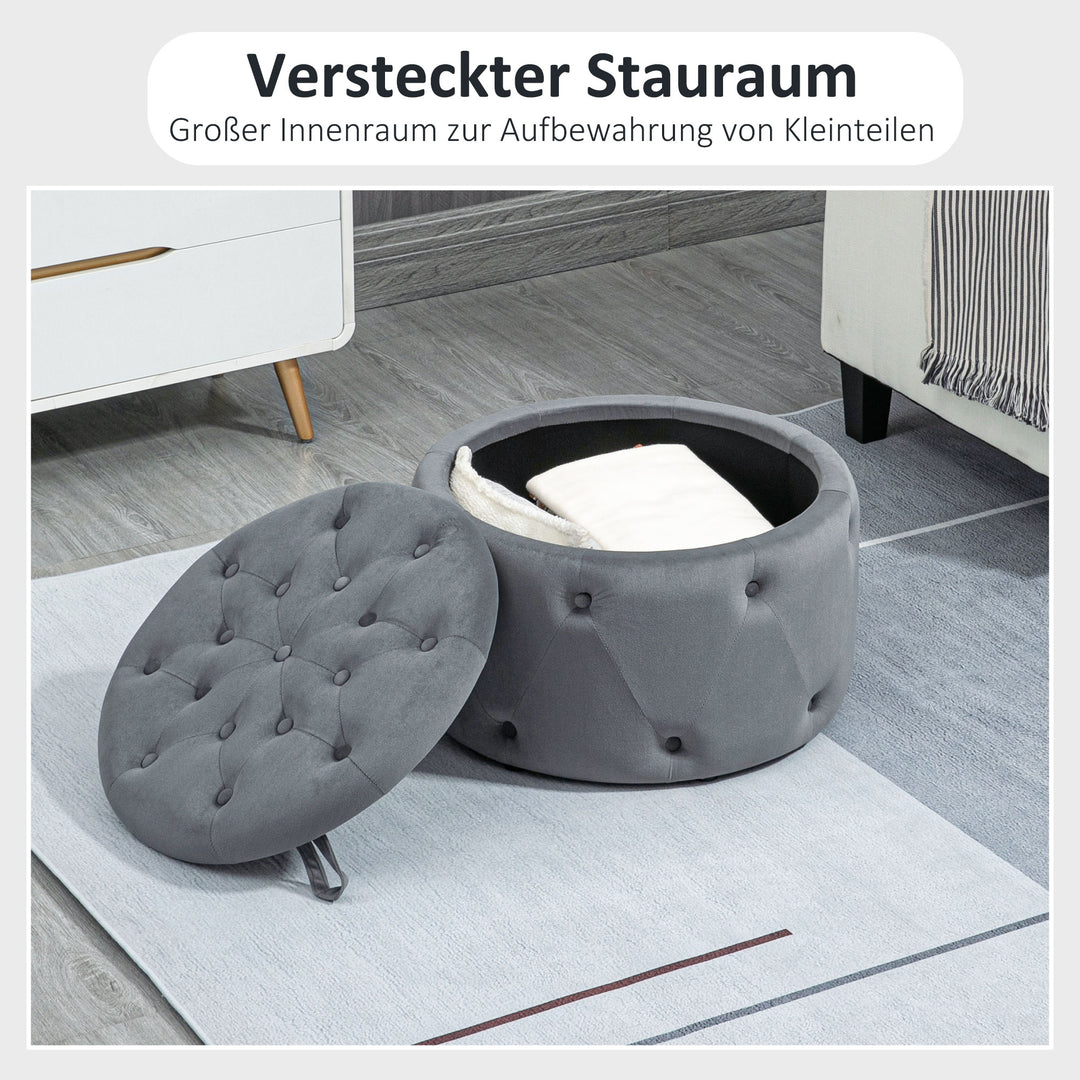 Rund skammel med opbevaringsrum, quiltet design med knapper, betræk i fløjlslook, grå, 60 x 60 x 40 cm