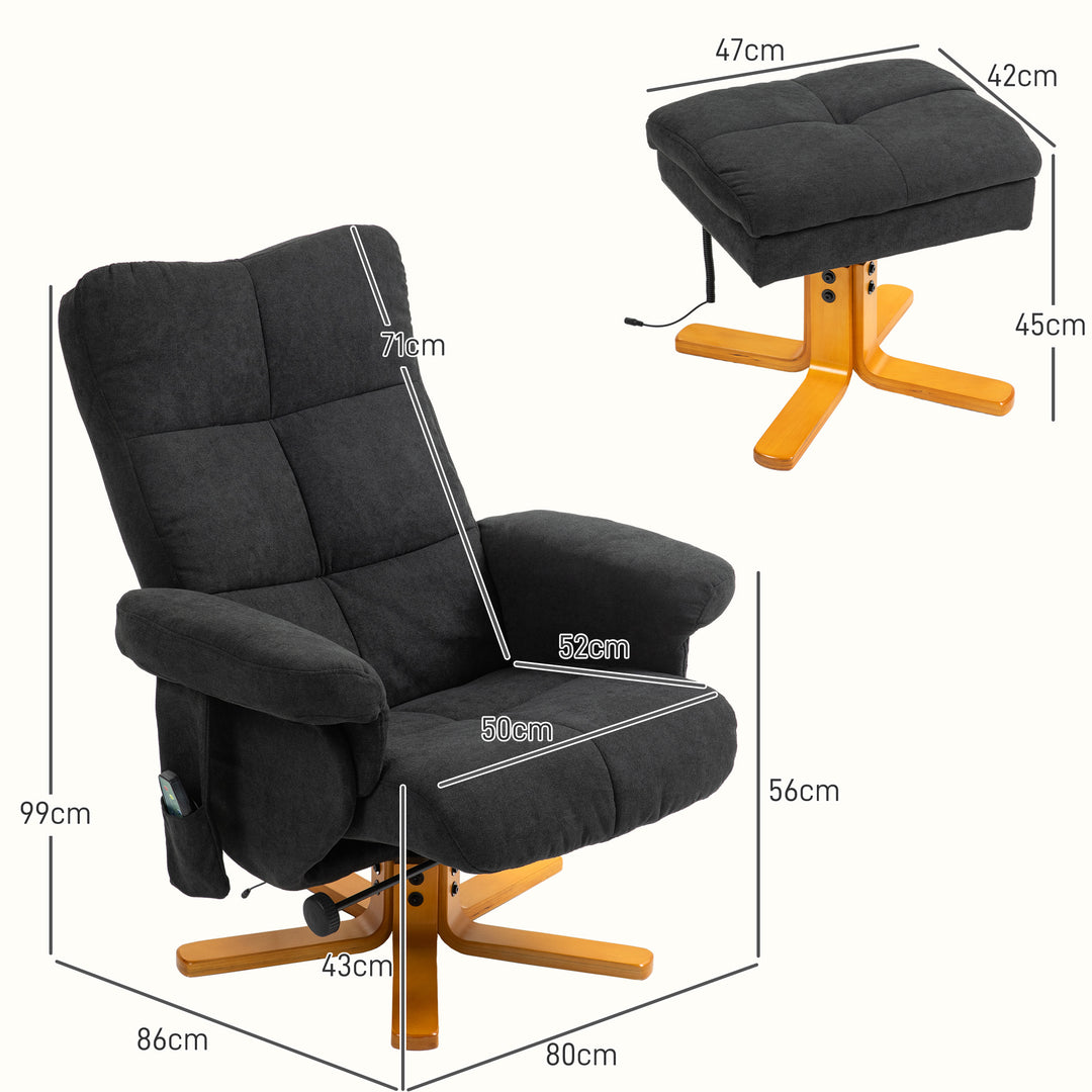 Massagestol med lænefunktion og fodskammel, 145° vipning, polyester, 80 x 86 x 99 cm, sort