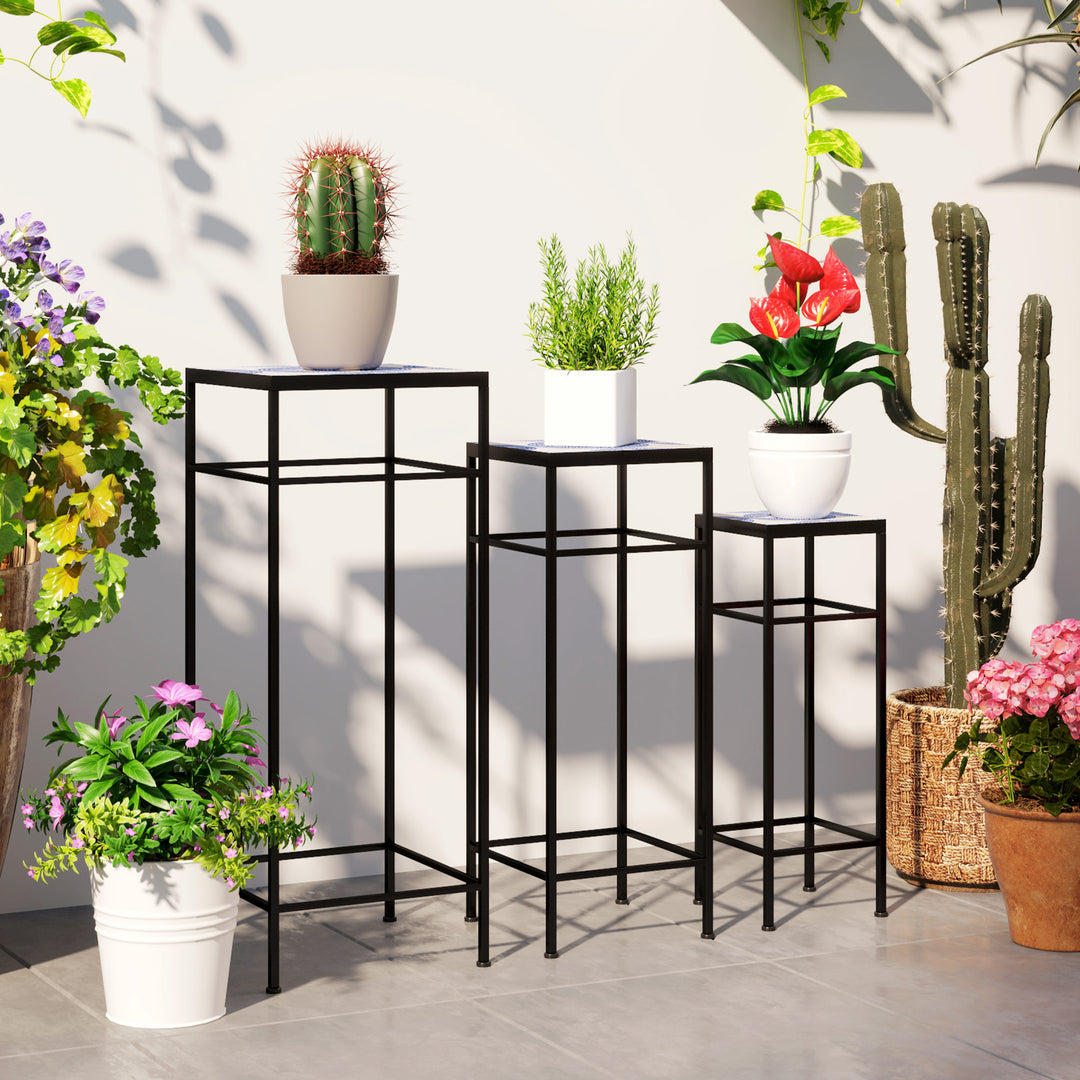 Sæt med 3 plantestativer, 3 forskellige størrelser stativer til fremvisning af blomster og andre genstande, blå+hvid