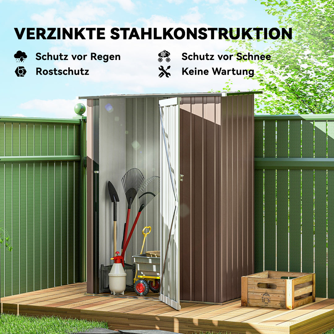 Haveskur 1,07 m² med skrånende tag, 142 x 86 x 189 cm, redskabsskur med aflåselig dør, havehus, stål, brun