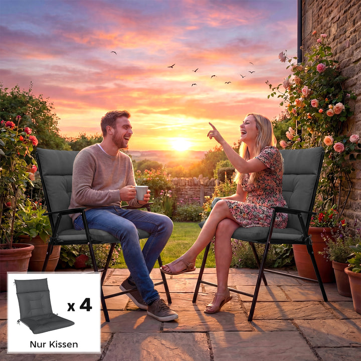 Sæt med 4 vandafvisende, skridsikre siddehynder med bånd, egnet til indendørs og udendørs brug, 111,5 x 53 x 8 cm, mørkegrå