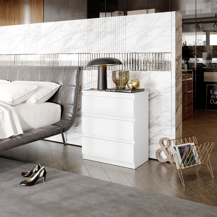 GABRIEL - Natbord / sengebord med 3 skuffer - Hvid Mat - H72cm B60cm D33cm