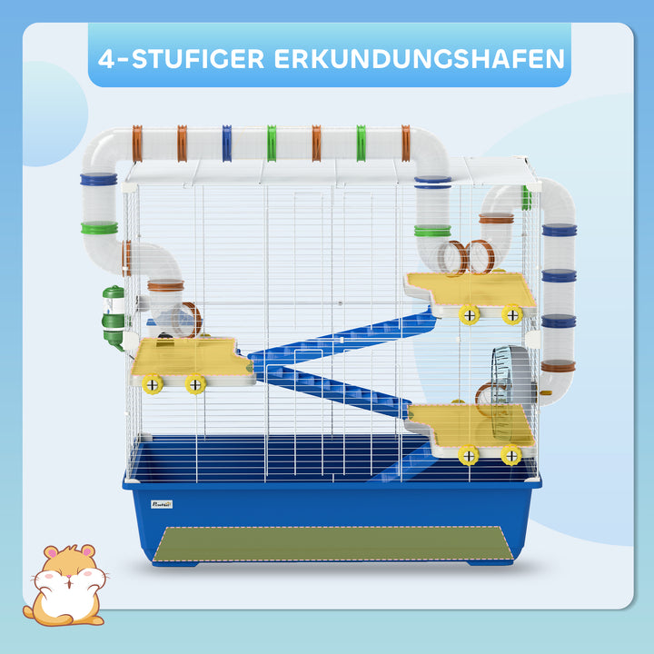 Hamsterbur med 4 niveauer, bur til små dyr med tunnelsystem, hytte, træningshjul, til dværghamstere, 78 x 45 x 73 cm, blå