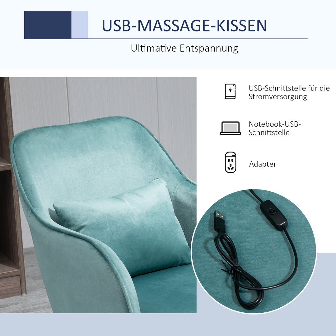 Massagekontorstol i fløjlslook, lændehynde med vibrationsmassage, op til 115 kg, usb-trinposition, højdejusterbar, 57b x 70d x 78-86h cm, grøn