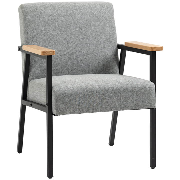 Accentstol i skandinavisk design, lænestol, accentstol, linnedlook, gummitræ, grå + sort + brun