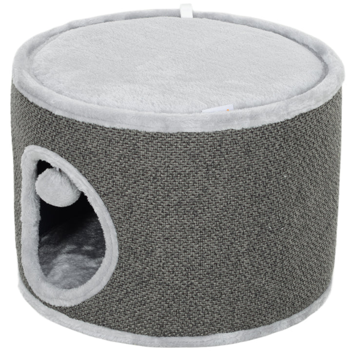 Kattehule, 2 etager, kattehus, plys, pude, sisal kradsebræt, 40 x 30 cm, mørkegrå