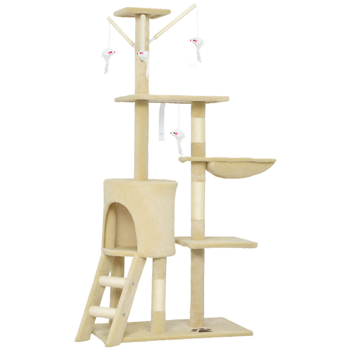 Kradsetræ med hule, 4 legetøj, sisalstolper, stor platform, trappe, til katte under 5 kg, beige
