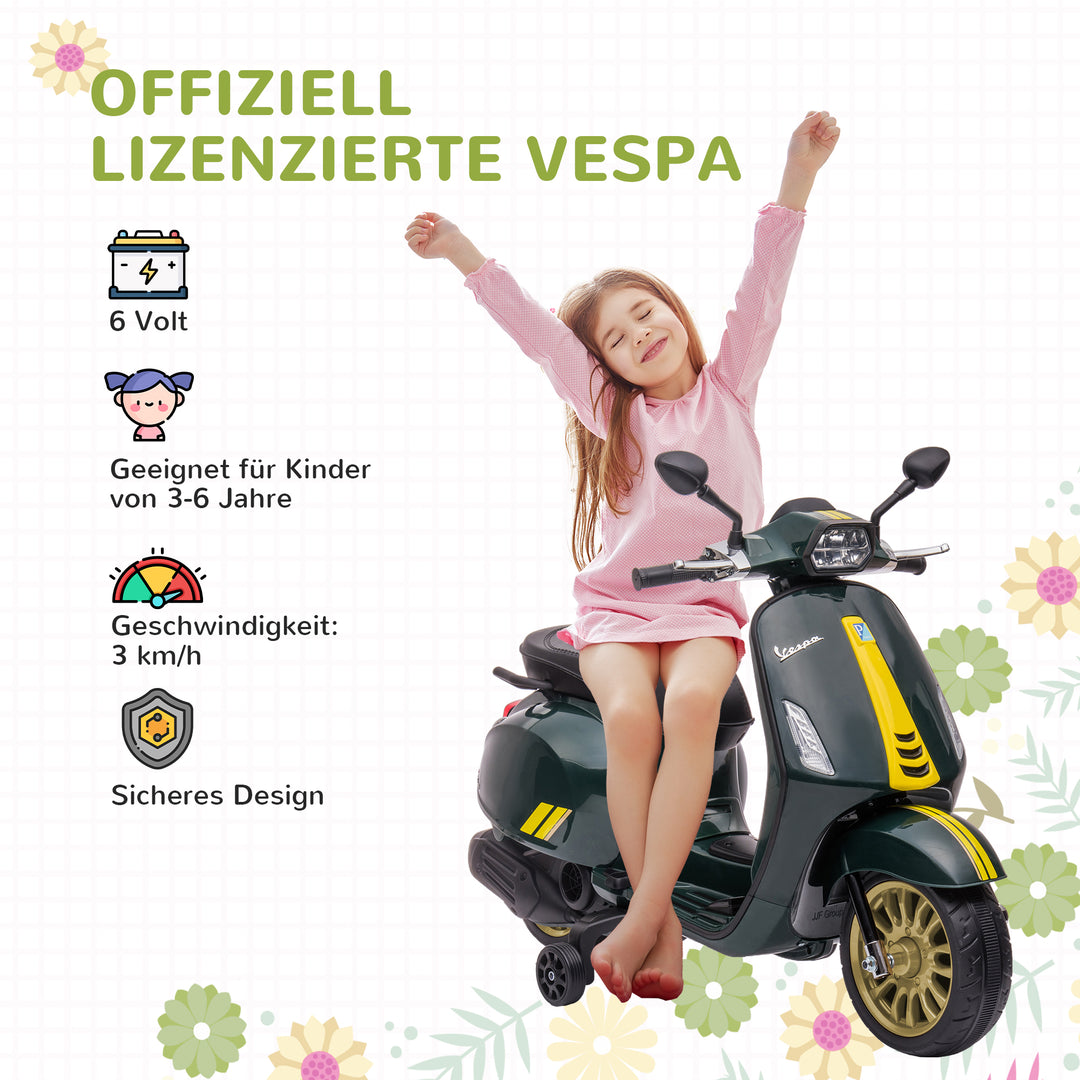 Elektrisk børnemotorcykel, vespa, 3 km/t, 3-6 år, musik, lys og radio, mørkegrøn