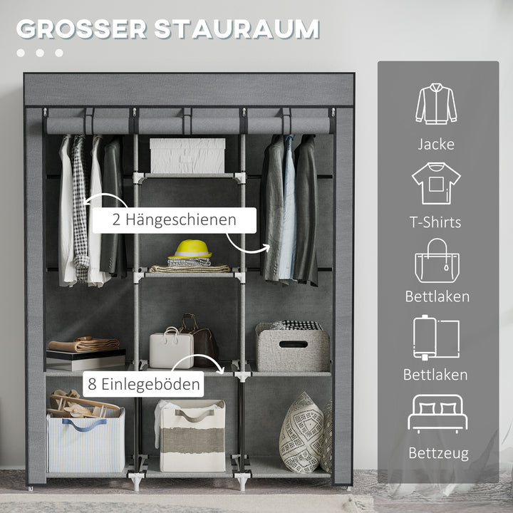 Stofgarderobe, opbevaringsløsning, 8 hylder, 2 garderobestativer, mørkegrå