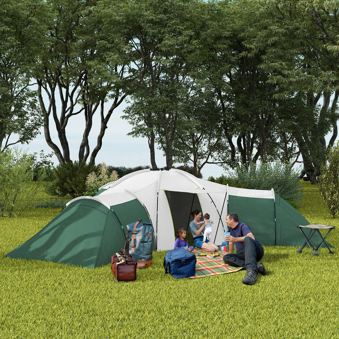Campingtelt til 6-9 personer, 4 værelser, markise, vandtæt, 615 x 615 x 225 cm, grøn