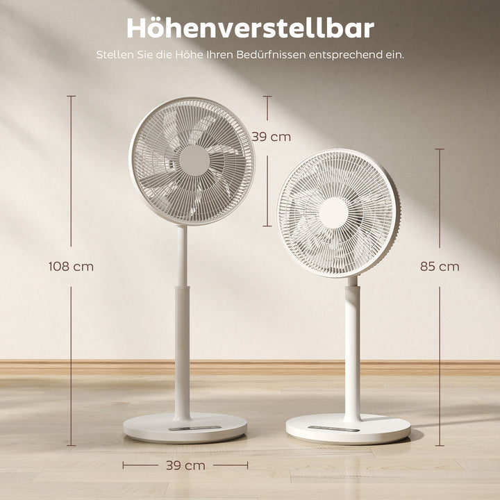 Gulvventilator med fjernbetjening og 12 hastigheder, justerbar højde til soveværelse, hvid