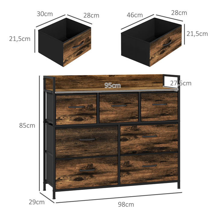 Kommode, skænk med 7 stofskuffer, industrielt design, stålstel, 98 x 29 x 85 cm, brun/sort