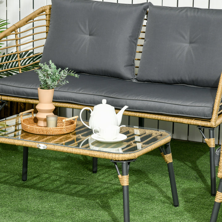 Havemøbelsæt til 4 personer, rattan siddesæt med hynder, boho-stil balkonmøbler, sand + mørkegrå