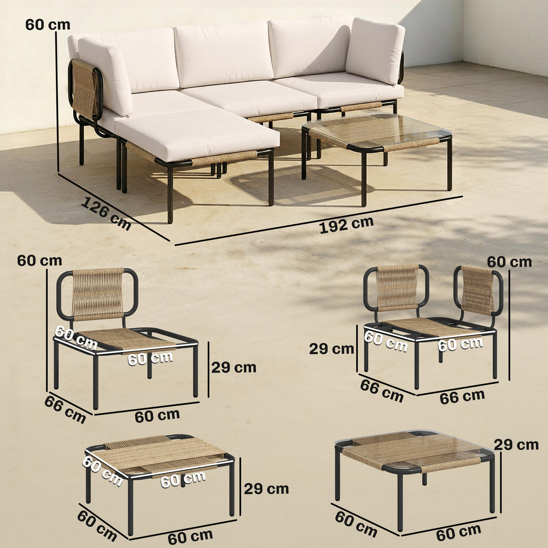 Polyrattan havemøbelsæt, 5 dele, med 2 hjørnestole, 2 skamler og bord. Bredt og dybt sæde, aftagelige hynder, khaki.