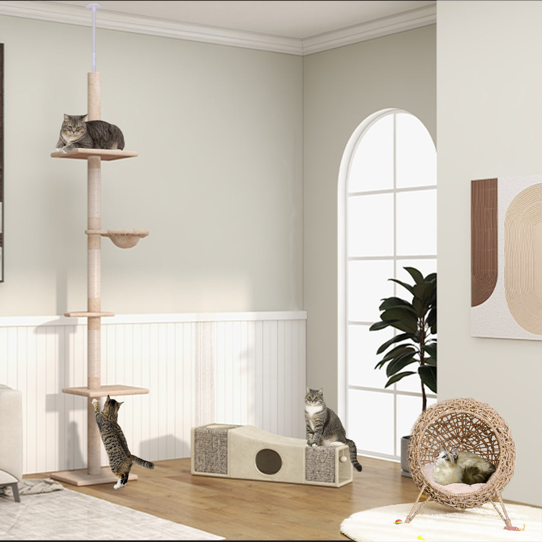 Kradsetræ med loftshøjde, robust kradsetræ med sisalstolper, klatretræ til katte, beige, 40 x 34 x 230-260 cm