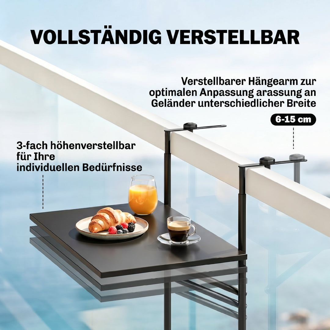 Balkonbord, til gelændere 6-15 cm tykt, justerbart, foldbart, rustfri metal, 62x60x85,5 cm, sort