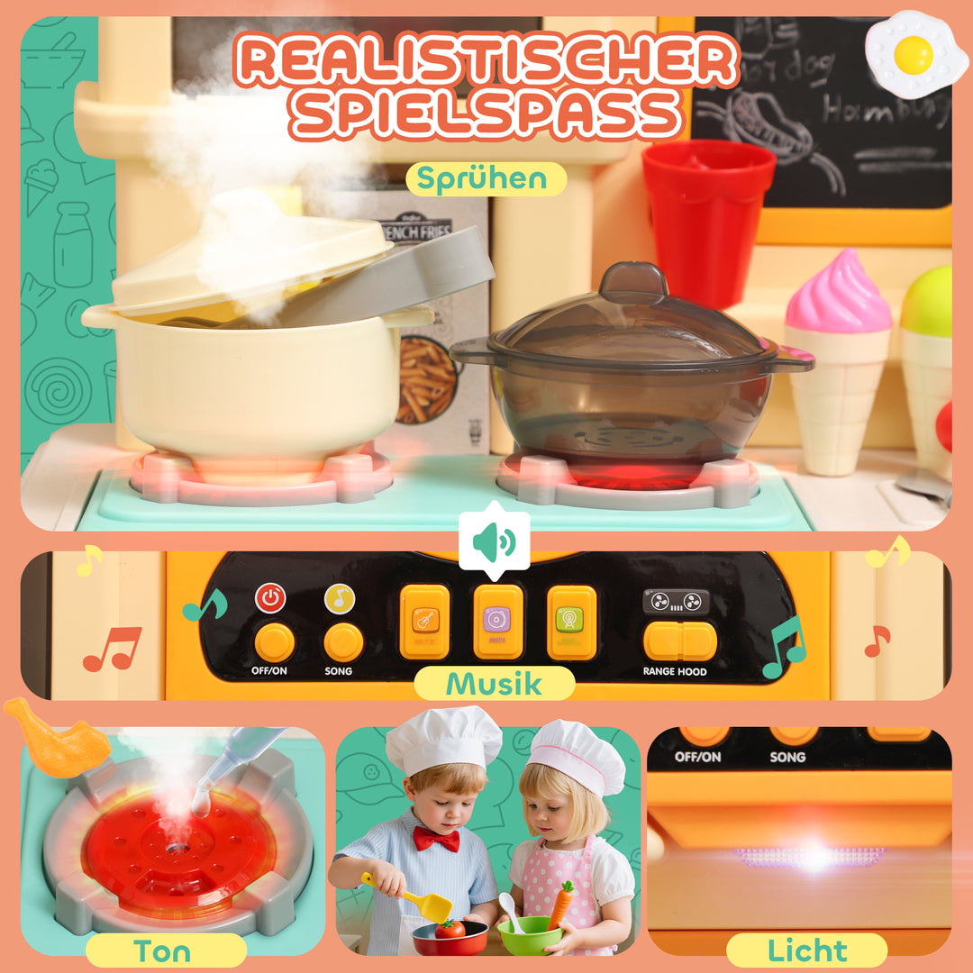 Legekøkken med rindende vand, tilbehørssæt med 85 dele, elektrisk vandhane, lys, lyde, til børn i alderen 3-6 år