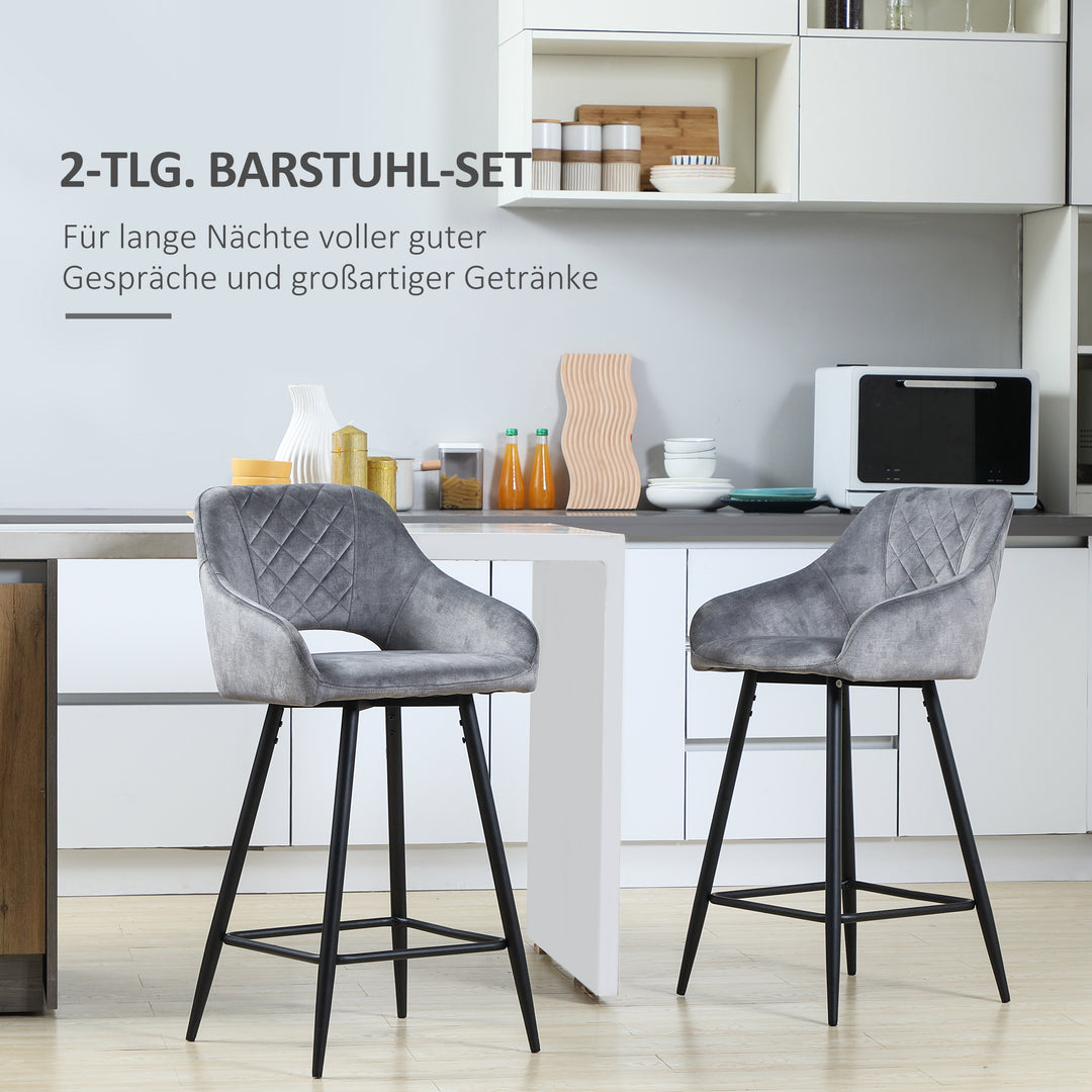 Sæt med 2 barstole i retrodesign, fløjlslook, inklusive fodstøtte 50 cm x 56 cm x 98 cm grå