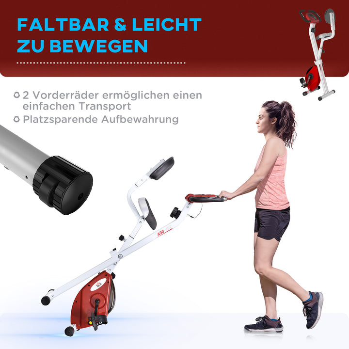 Motionscykel med magnetisk modstand, 8 niveauer, højdejusterbar, lcd-display, rød + hvid