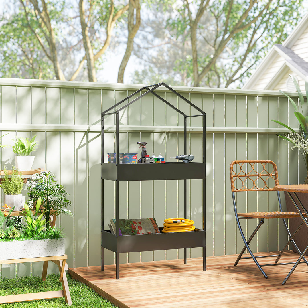 2-etagers husformet plantestativ, 150 cm højt, blomsterstativ med kroge, metal, sort