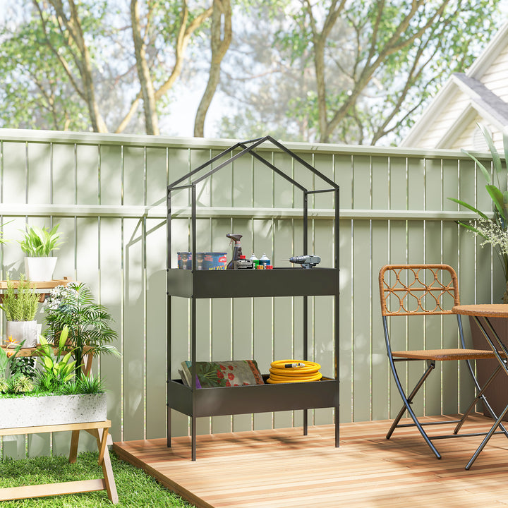 2-etagers husformet plantestativ, 150 cm højt, blomsterstativ med kroge, metal, sort