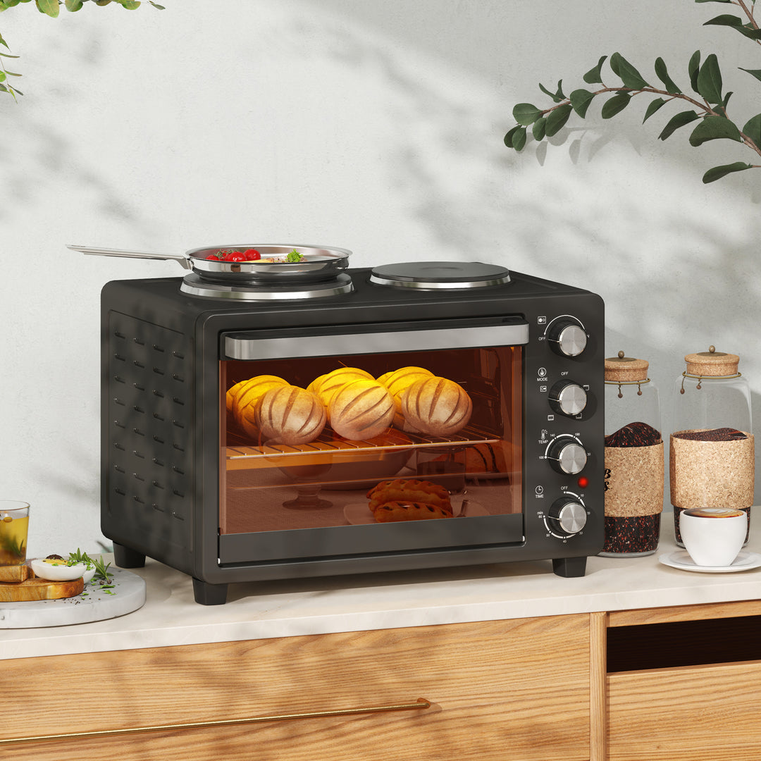 28 L brødristerovn, kompakt ovn til madlavning og grillning, elektrisk ovn med bageplade, grillrist, 2600w, sort