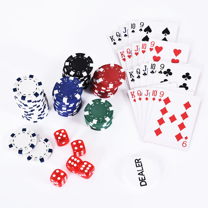 Pokerkasse låsbart pokersæt med etui 300 chips 5 terninger 2 kortspil tilbehør, pokerchips komplet sæt pokerspil kortspil aluminium etui til texas hold'em, blackjack