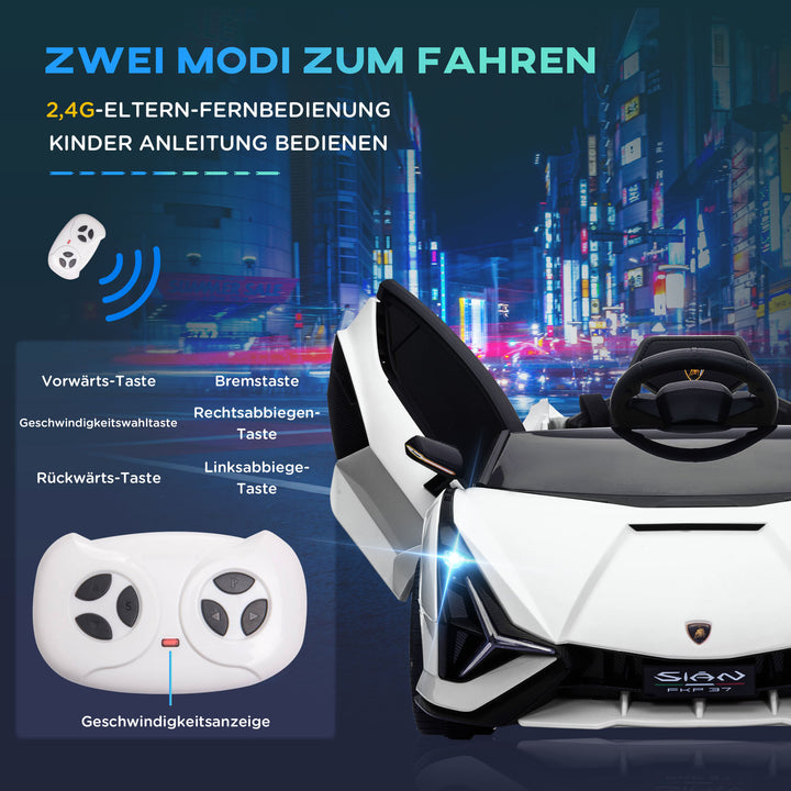 Børnebil 12V 2 køretilstande Lamborghini SIAN SUV legetøjsbil elbil med fjernbetjening musik (MP3/USB) lys 37-60 måneder metalhvid 108 x 62 x 40 cm