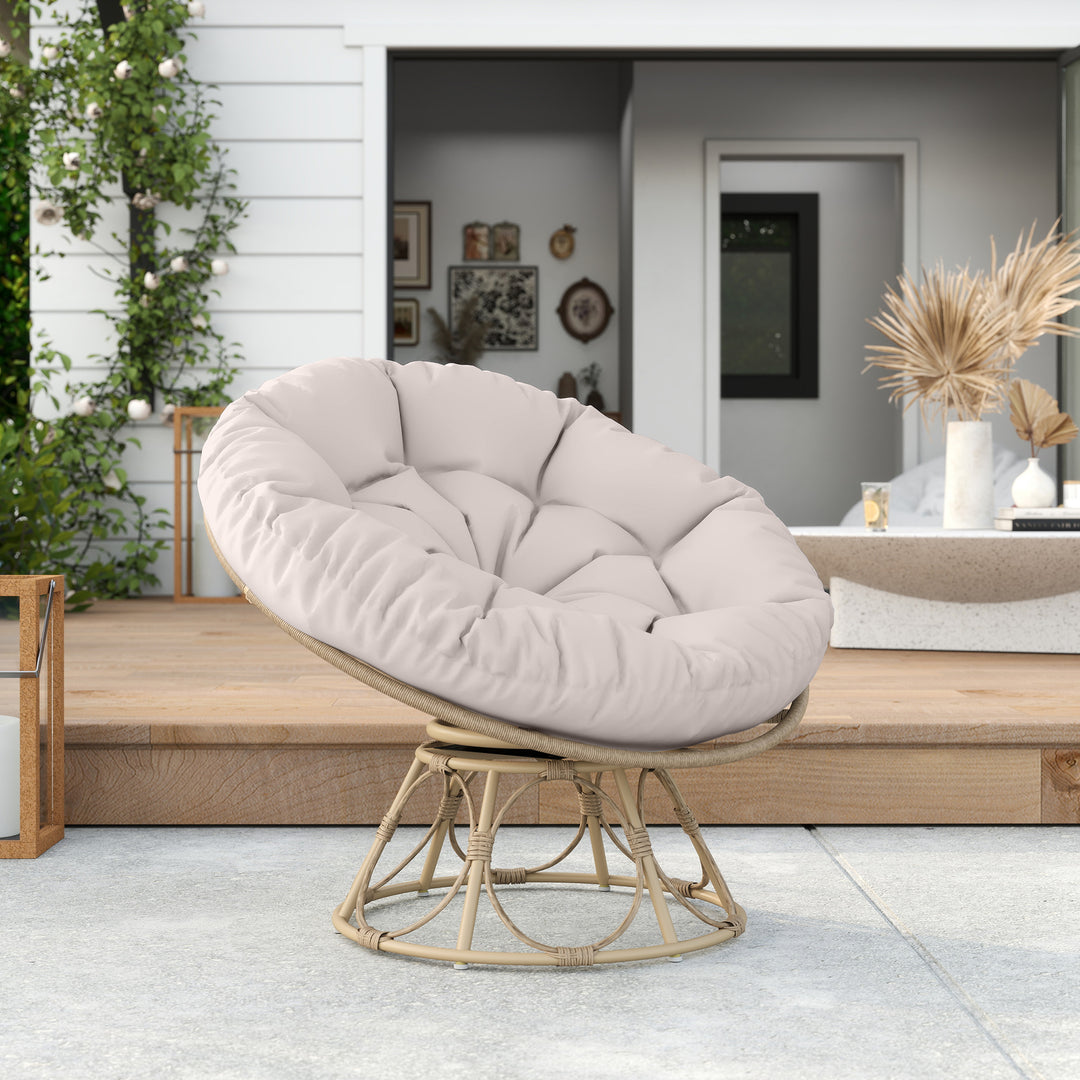 Papasan-stol i rattan, 360° drejelig kurvestol med siddehynde, rund udendørs