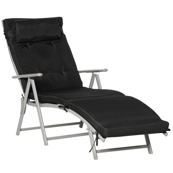 Foldbar solseng med nakkestøtte og sædehynde, liggestol med 7-vejs justerbar ryglæn, haveliggestol, afslapningsliggestol, lasteevne op til 165 kg, til haveferie, udendørs, sort