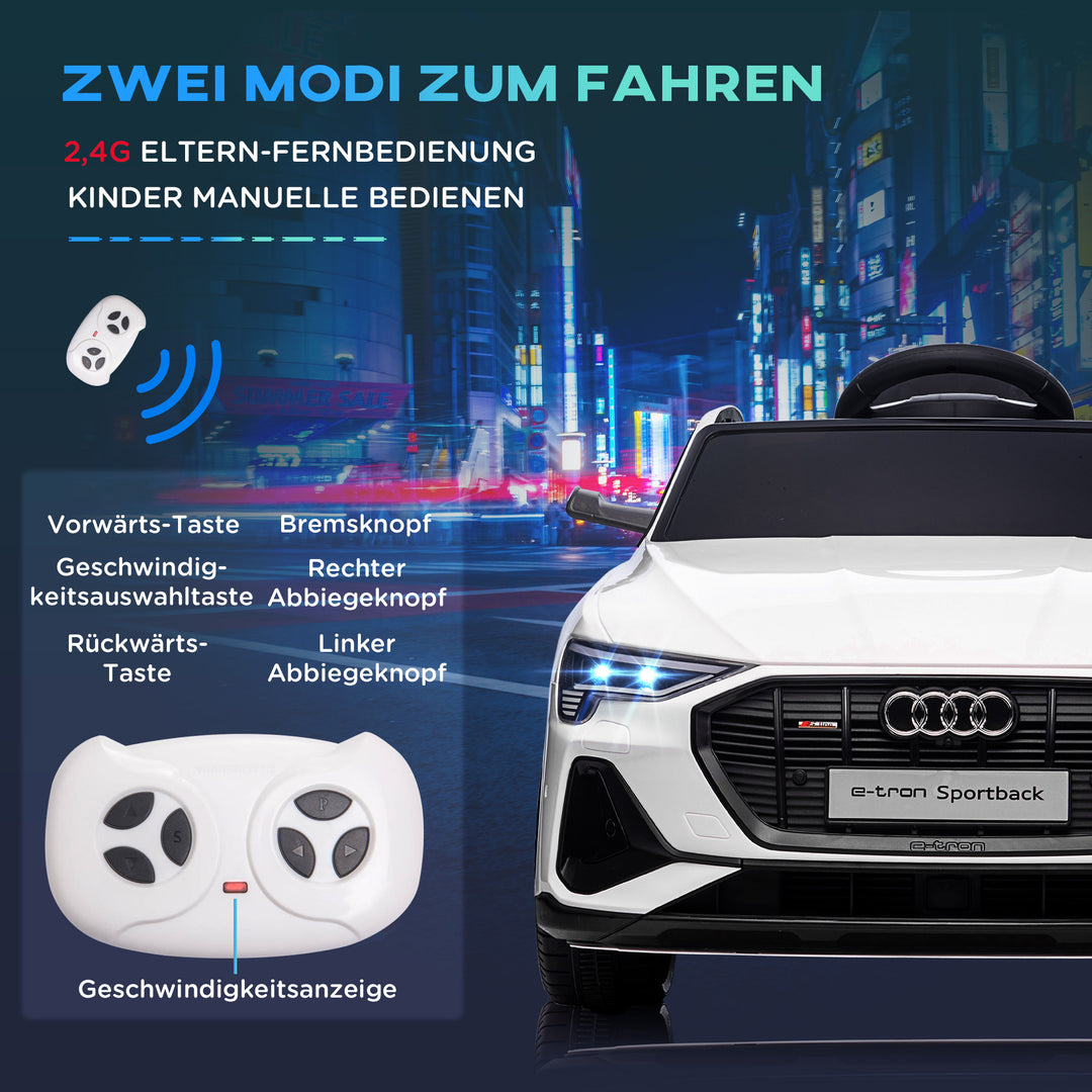 Elektrisk børnebil 12v elbil audi e-tron elbil med fjernbetjening, sikkerhedssele, musik (mp3/usb/tf), børnebil til børn 3-5 år, 3-5 km/t, hvid