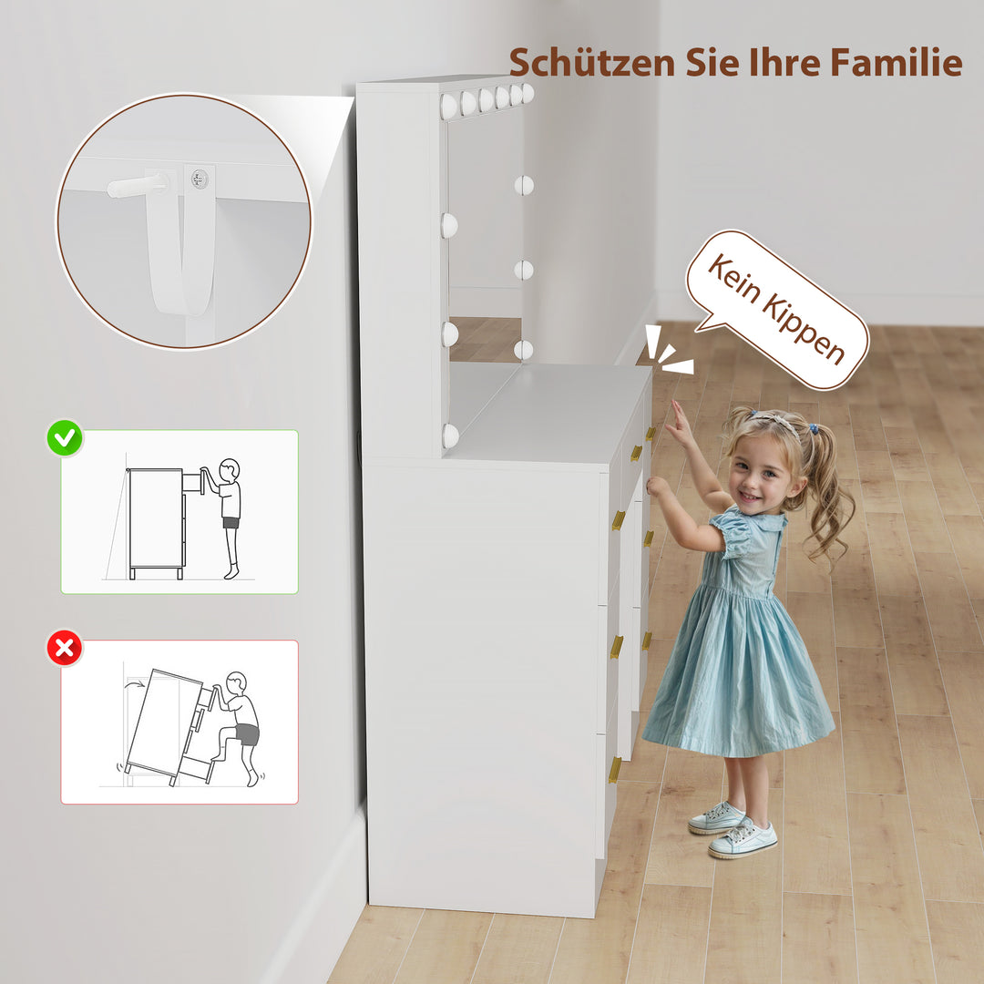 Toiletbord med spejl og 12 led-lys, sminkebord med 7 skuffer, 6 skjulte opbevaringsrum, spånplade, hvid