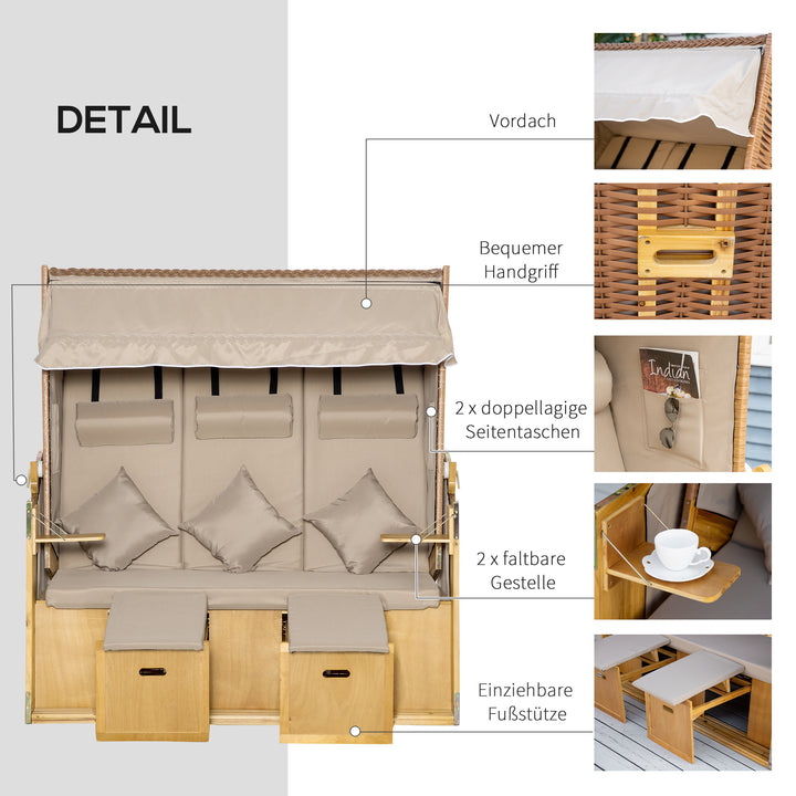 Strandstol/solseng med baldakin, 2 klapborde, fodstøtte, chaiselong, justerbar ryglæn med 5 positioner, XXL polyrattan, naturlig finish, 150 x 79 x 160 cm
