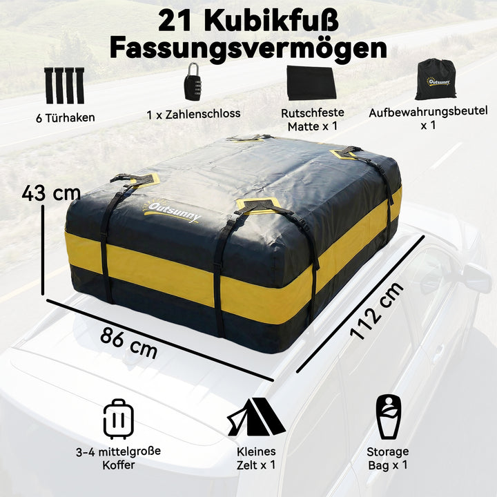 Vandtæt 425L biltagboks til køretøjstage med/uden tagbøjle, bagageboks med 8 forstærkede stropper og dørkroge, gul