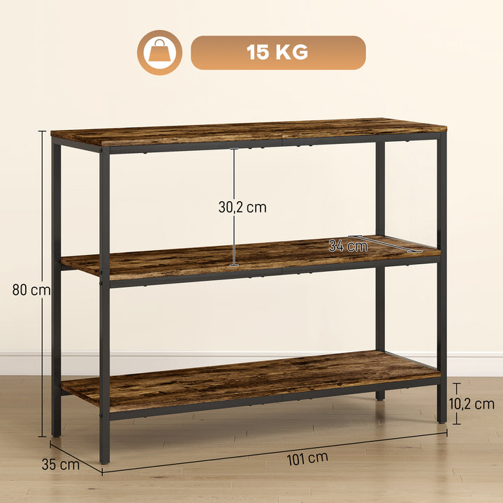 Konsolbord, sidebord med 3-lags hylde, spånplade, metal, lysebrun