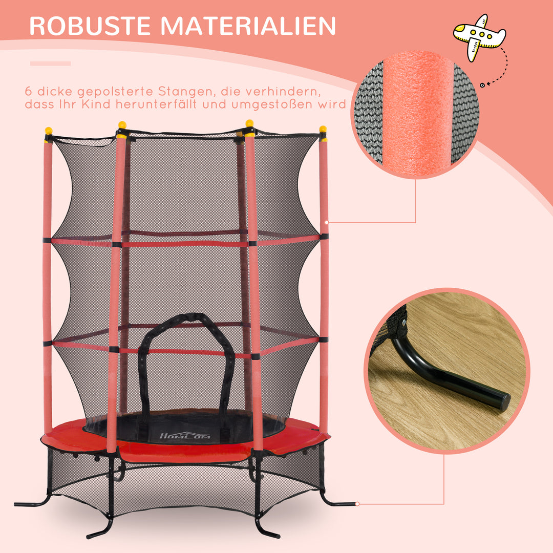 Børnetrampolin, 163 cm diameter, med sikkerhedsnet, til indendørs og udendørs brug, lasteevne op til 50 kg, stål, plastik, rød