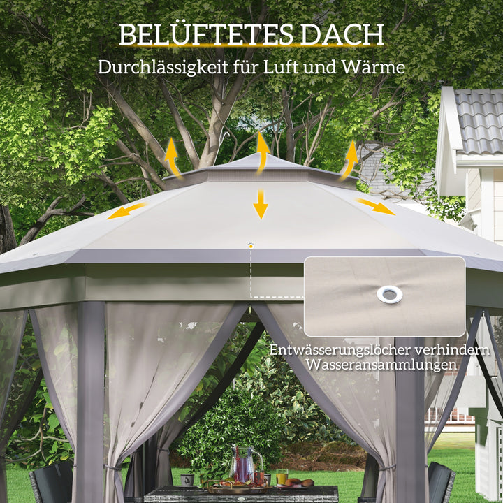 Havepavillon, foldbar pavillon, 4 x 4 m pop-up telt, partytelt inklusive bæretaske, 6 sidepaneler, dobbelt tag, sekskantet, beige