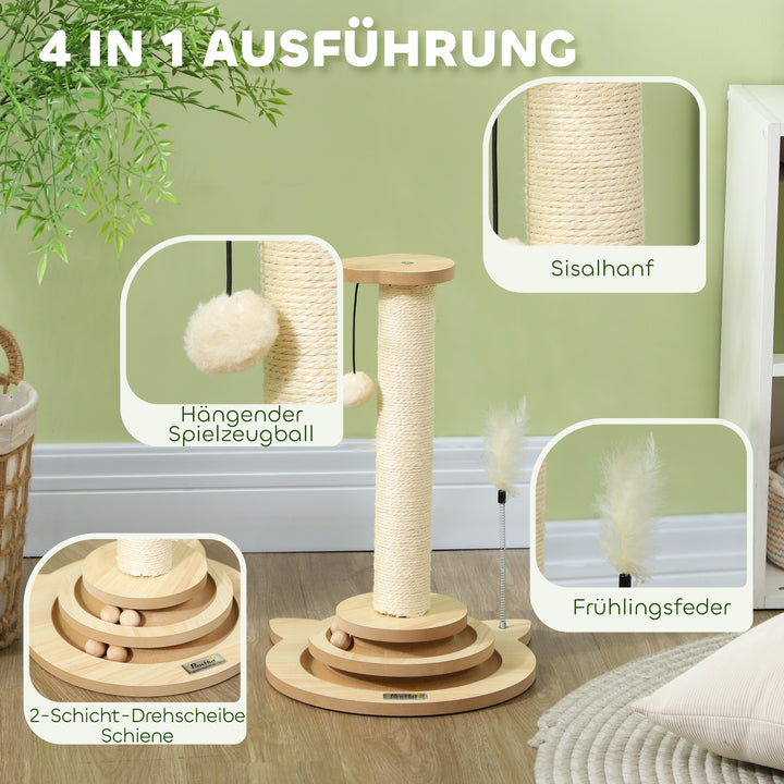 Kradsetræ til katte, 49 cm, sisal kradsetræ, boldløbebane, legebold, legefjeder, 4-i-1 design, eg, hvid