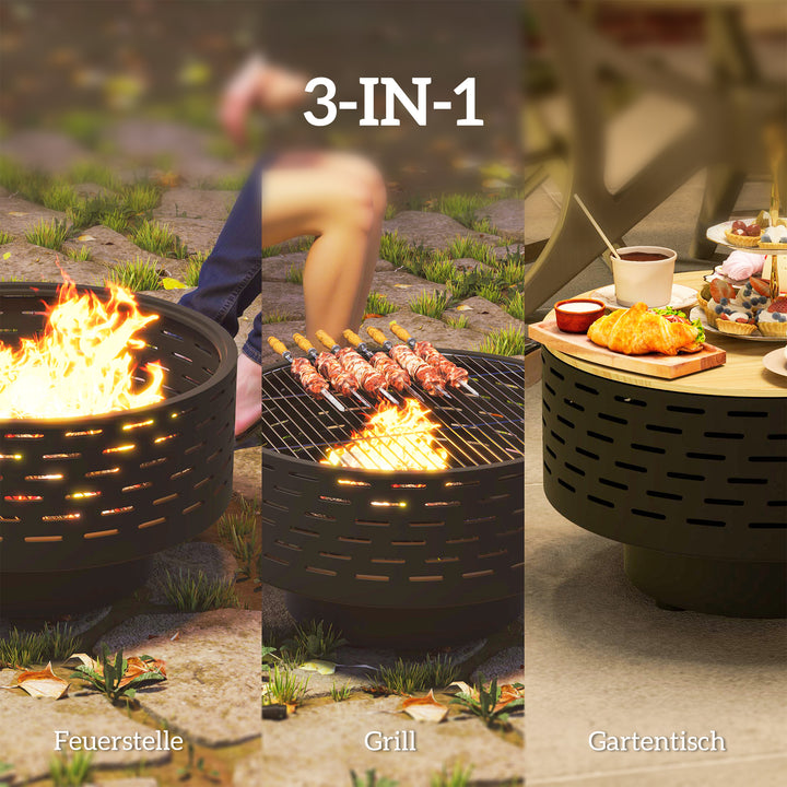 3-i-1 bålfad i rustfrit stål Ø60 x 39 cm, bålfad med grillrist, gnistnet, ildrager, trækulsgrå