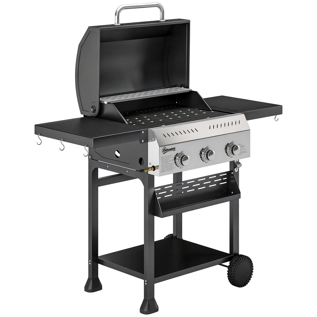 Gasgrill 9 KW 3 brændere BBQ grillvogn rustfrit stål inkl. foldbart sidebord krydderiholder nederste hylde 6 kroge