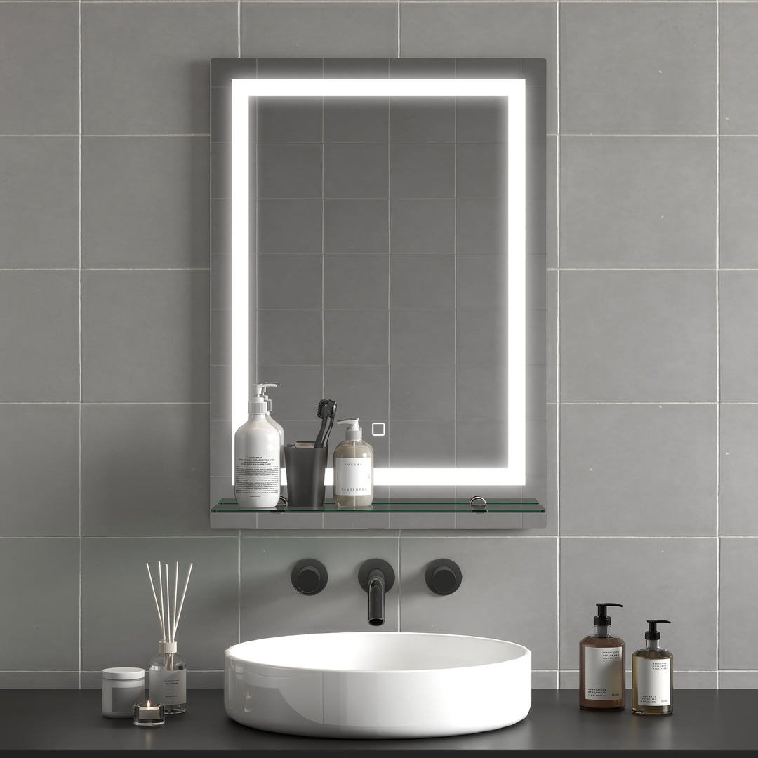 LED badeværelsesspejl, dæmpbart, antidug, touch-afbryder, hylde, 50 x 70 cm, sølv