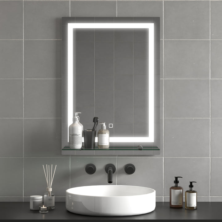LED badeværelsesspejl, dæmpbart, antidug, touch-afbryder, hylde, 50 x 70 cm, sølv