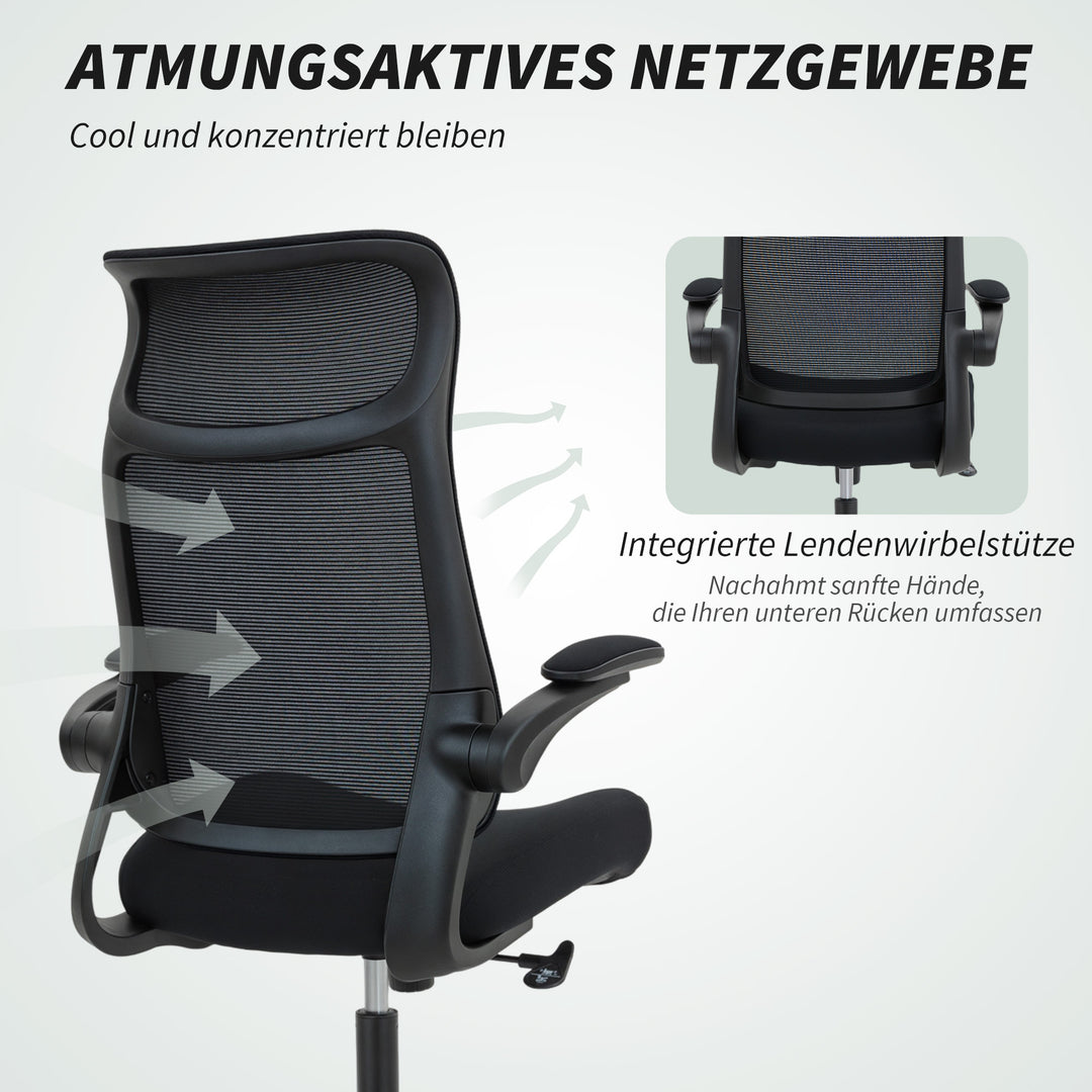 Ergonomisk kontorstol med 3D-armlæn, netryg, S-formet ryglæn, nakkestøtte, vippefunktion, sort