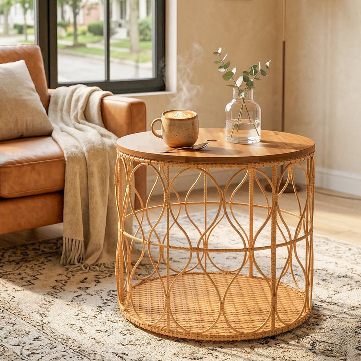 Sidebord Ø50 cm, vejrbestandigt havebord med rattan-look, bordplade i akacietræ, justerbare fødder, teak