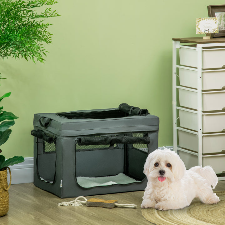 Transportkasse, foldbar, 3 indgange, indvendig hynde, til hunde og katte op til 4 kg/40 cm, grå