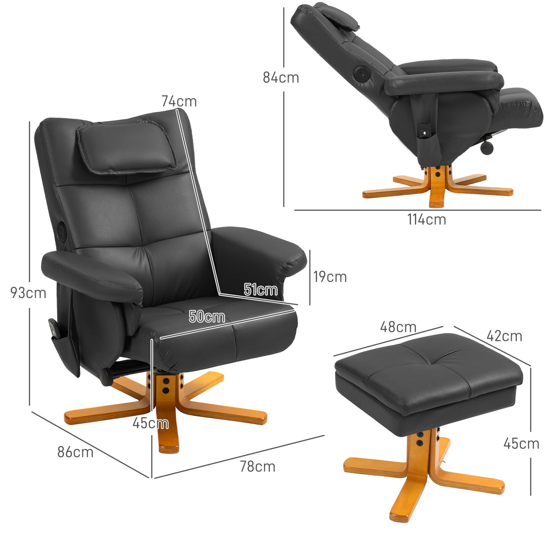 Massagestol med skammel, justerbar ryglæn, usb-opladeport, læderlook, op til 150 kg, sort