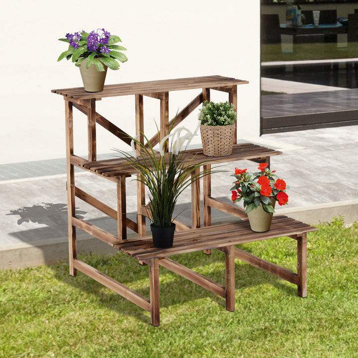 Plantetrappe, blomstertrappe, blomsterhylde, plantehylde, blomsterstativ, 3 niveauer, fyrretræ, 80 x 80 x 78 cm