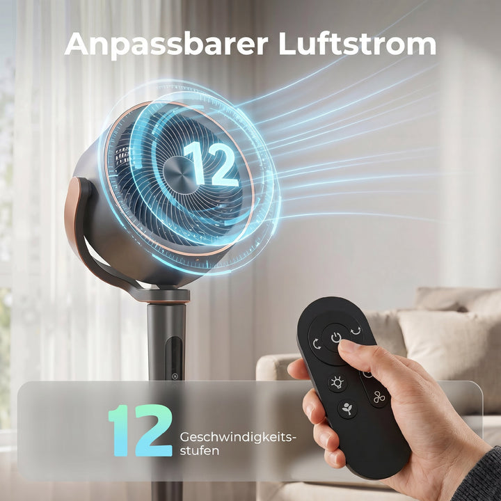 Sokkelventilator, luftcirkulator, ventilator med 12 hastighedsindstillinger, LED-display, fjernbetjening, 70°+90° oscillation, grå